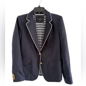 J. Crew Dark Blue linen Blazer with white piping and Gold button Accents
